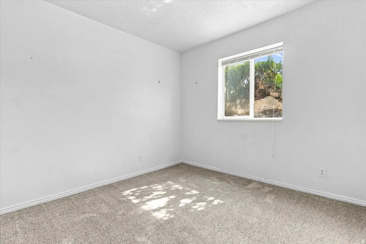 Recessed window opening with white trim, light gray textured carpeting, and white painted walls