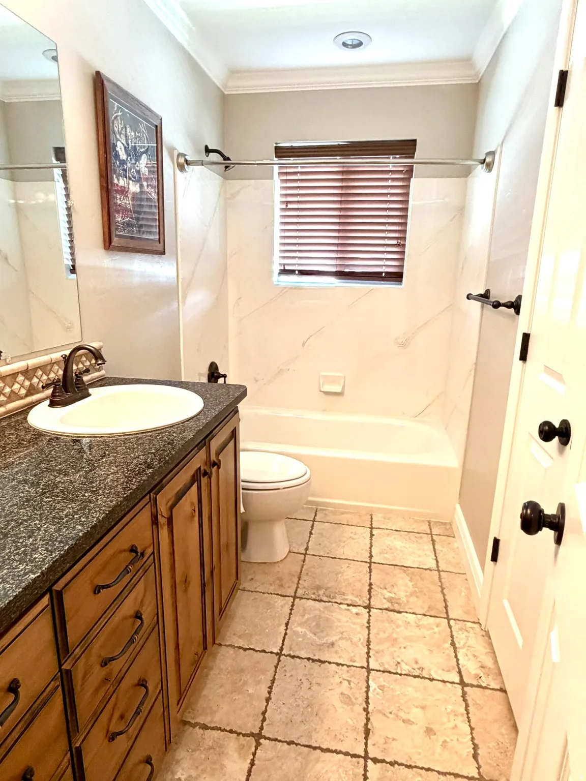 Full bathroom featuring a single vanity with a dark speckled countertop, a white drop-in sink, and custom wood cabinetry