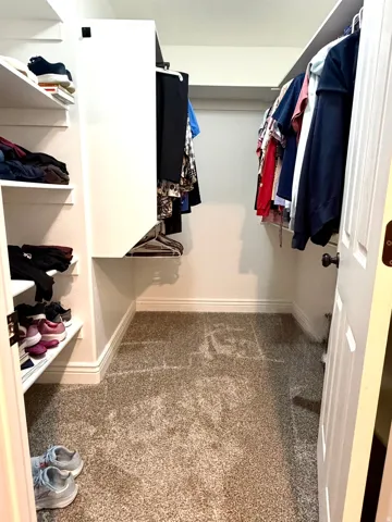 Primary Walk-in closet featuring built-in shelving, hanging rods, baseboard molding, and neutral-toned carpet flooring