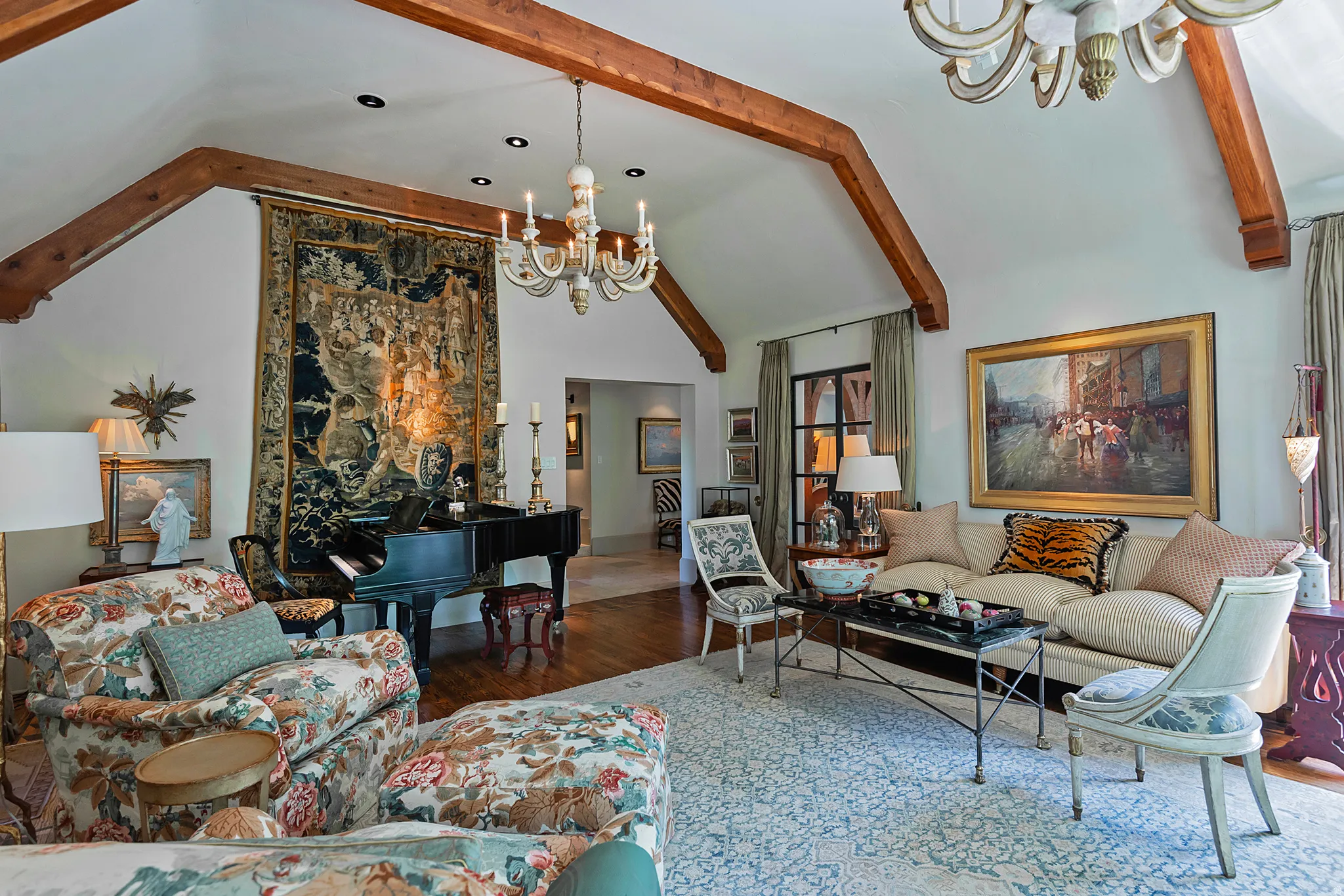 Vaulted ceiling with exposed wood beams