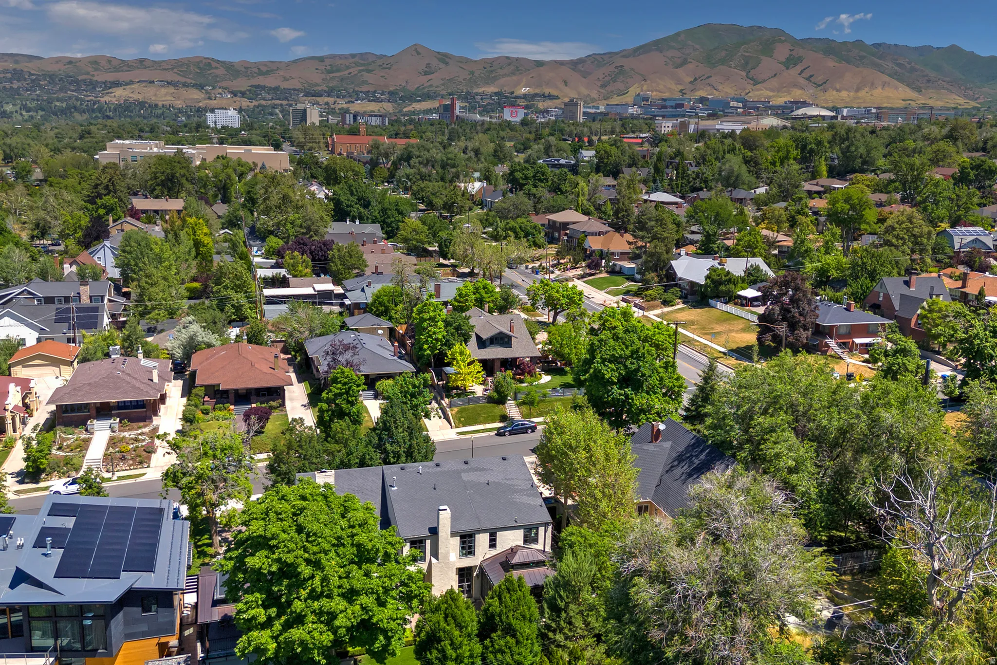 Aerial perspective showcasing a residential area with diverse architectural styles, mature trees, and mountainous terrain in the background