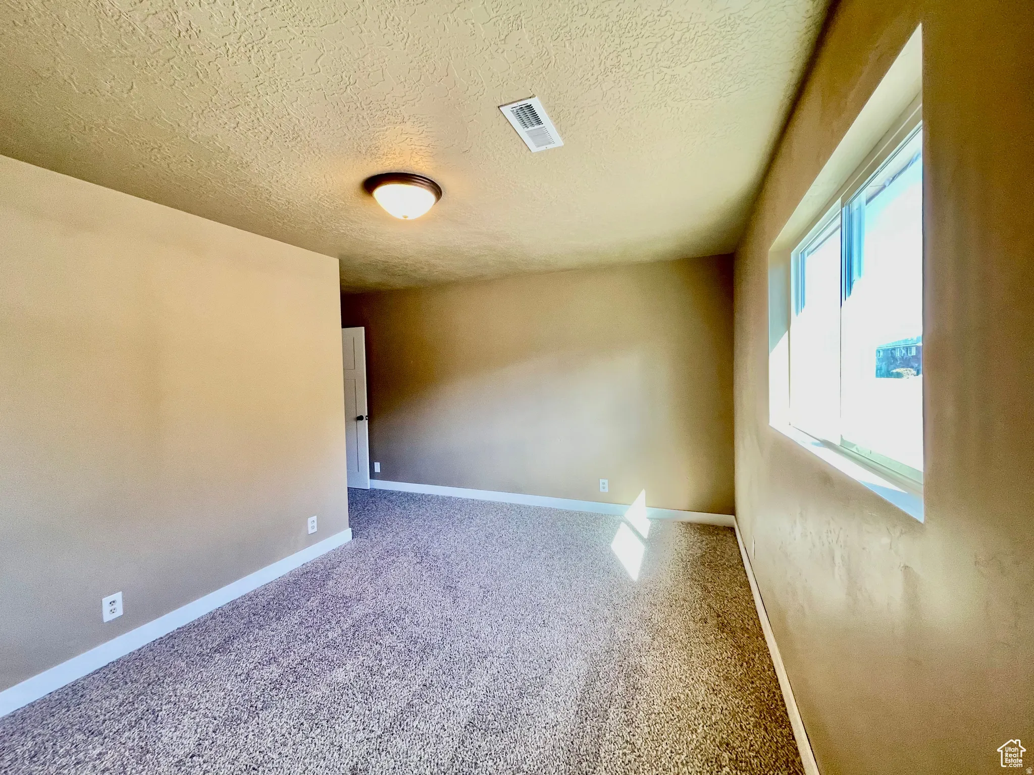 Carpeted interior space with neutral wall tones and a single window