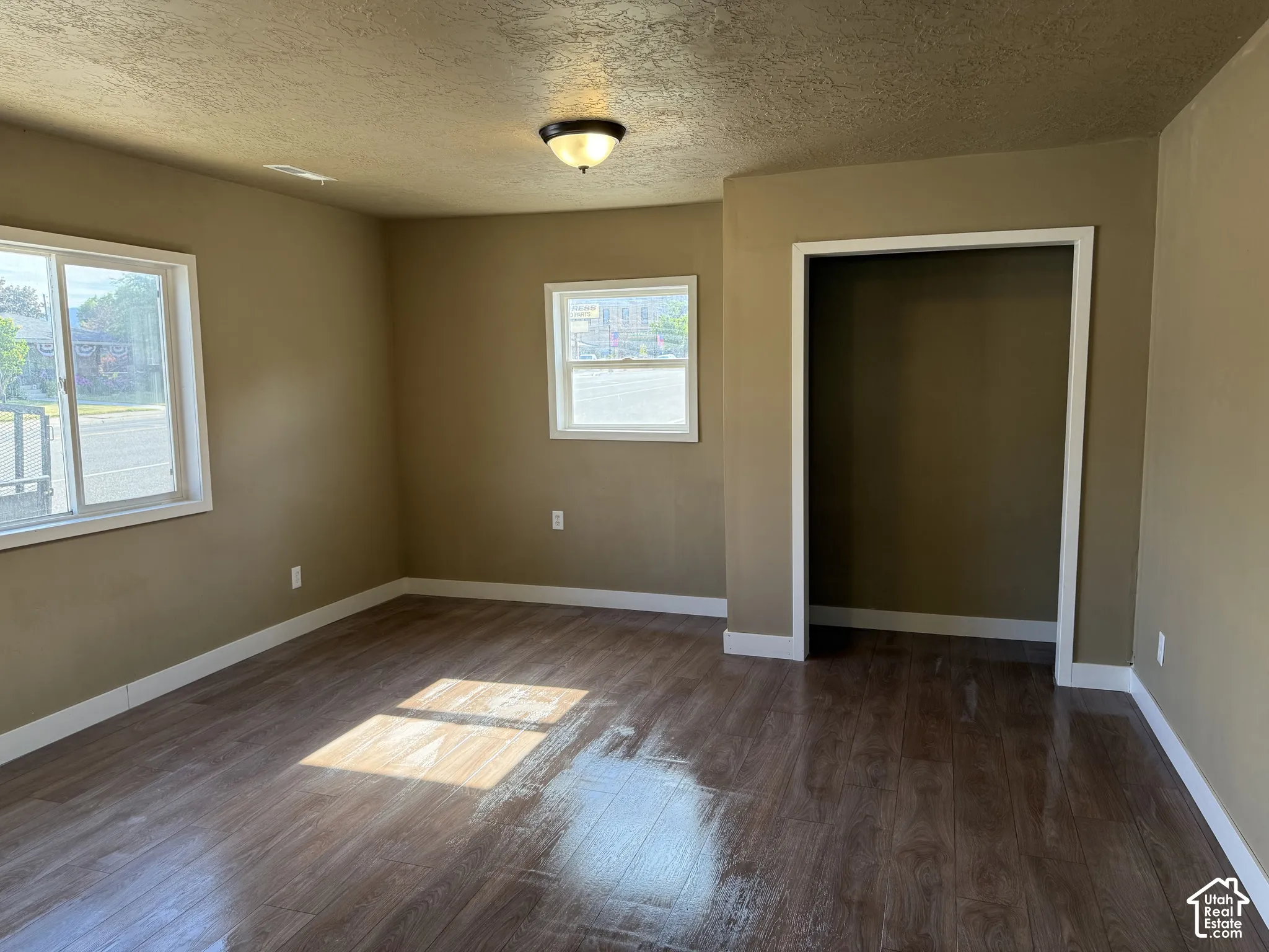 Spacious room featuring wood-finish flooring, two windows with white trim, a built-in closet alcove, and a flush-mount ceiling light fixture