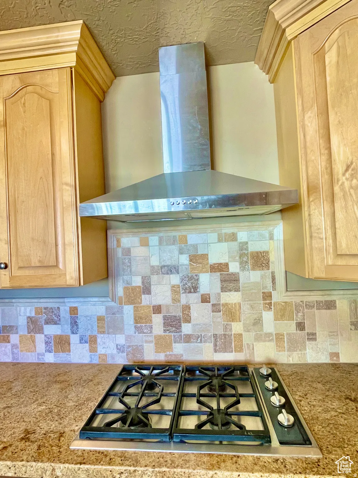Stainless steel range hood positioned above a gas cooktop