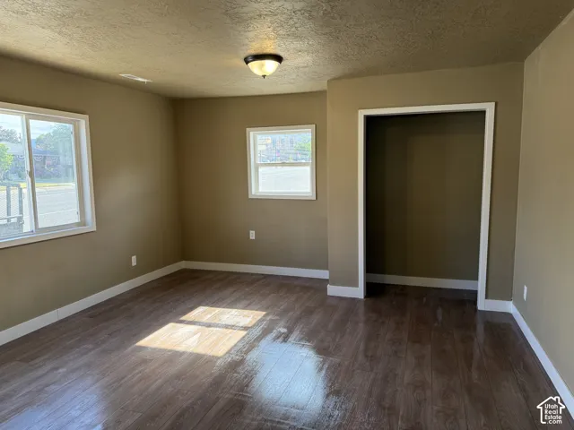 Spacious room featuring wood-finish flooring, two windows with white trim, a built-in closet alcove, and a flush-mount ceiling light fixture