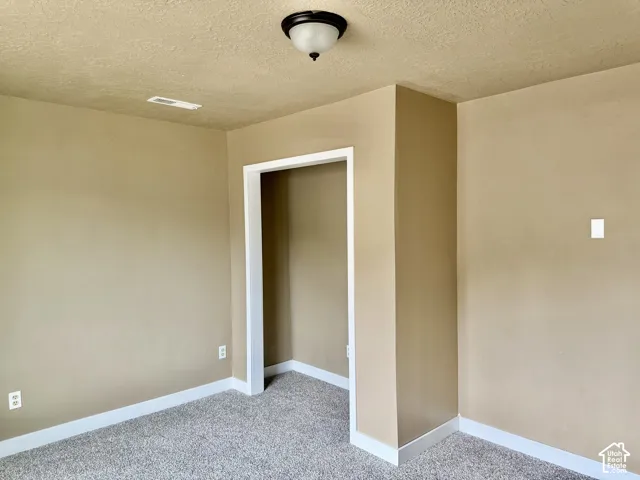 Neutral-toned room featuring textured beige walls and light gray carpet