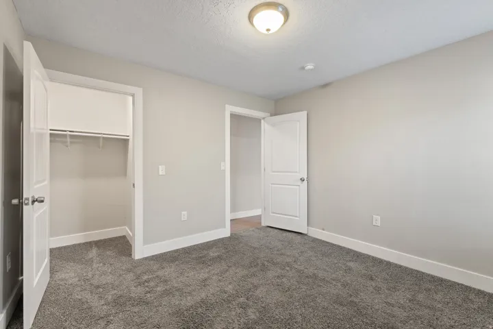 Interior room featuring plush gray carpeting, light neutral wall paint, and white trim