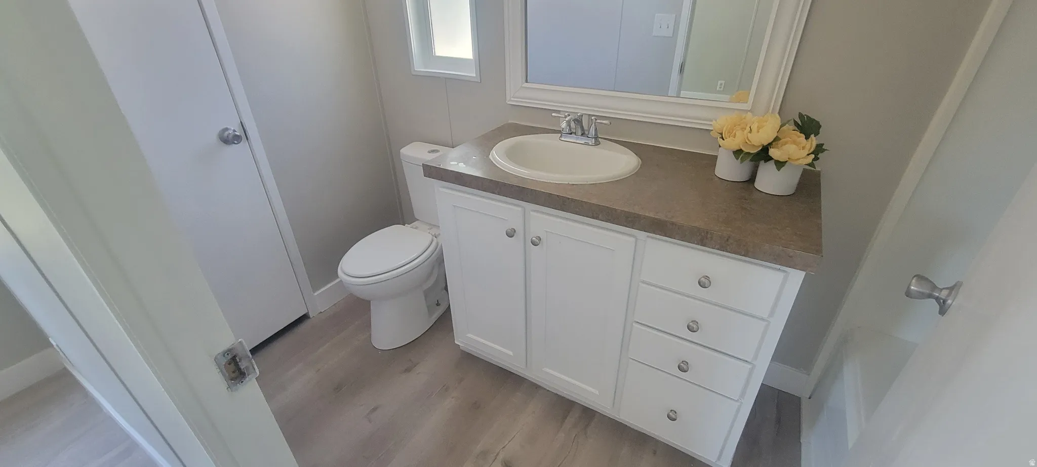 Bathroom featuring a white vanity with panel cabinetry and drawers, a brown countertop, and an undermount sink