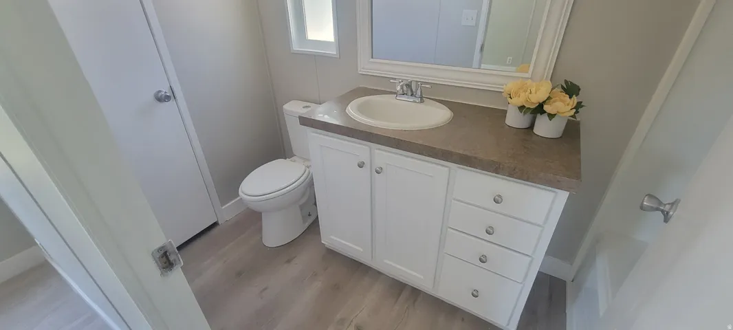 Bathroom featuring a white vanity with panel cabinetry and drawers, a brown countertop, and an undermount sink