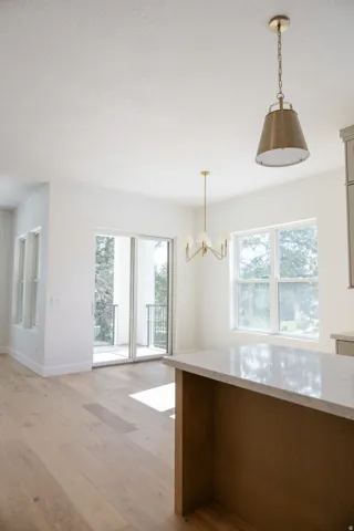 Open-concept living space featuring wide-plank wood-finish flooring, a contemporary island with a light-toned countertop, and abundant natural light from a sliding glass door and multiple windows