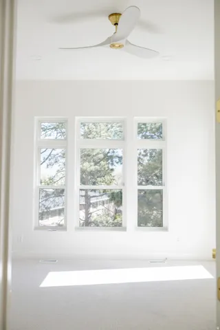 Spacious room featuring a series of large windows, white walls, and light-colored carpeting