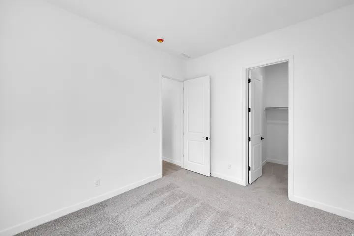 Neutral tone walls with white trim, gray carpeting, and a closet with built-in shelving