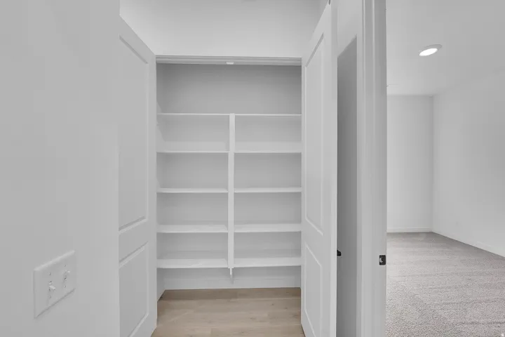 Spacious pantry featuring extensive built-in shelving, light wood-finish flooring, and white paneled doors