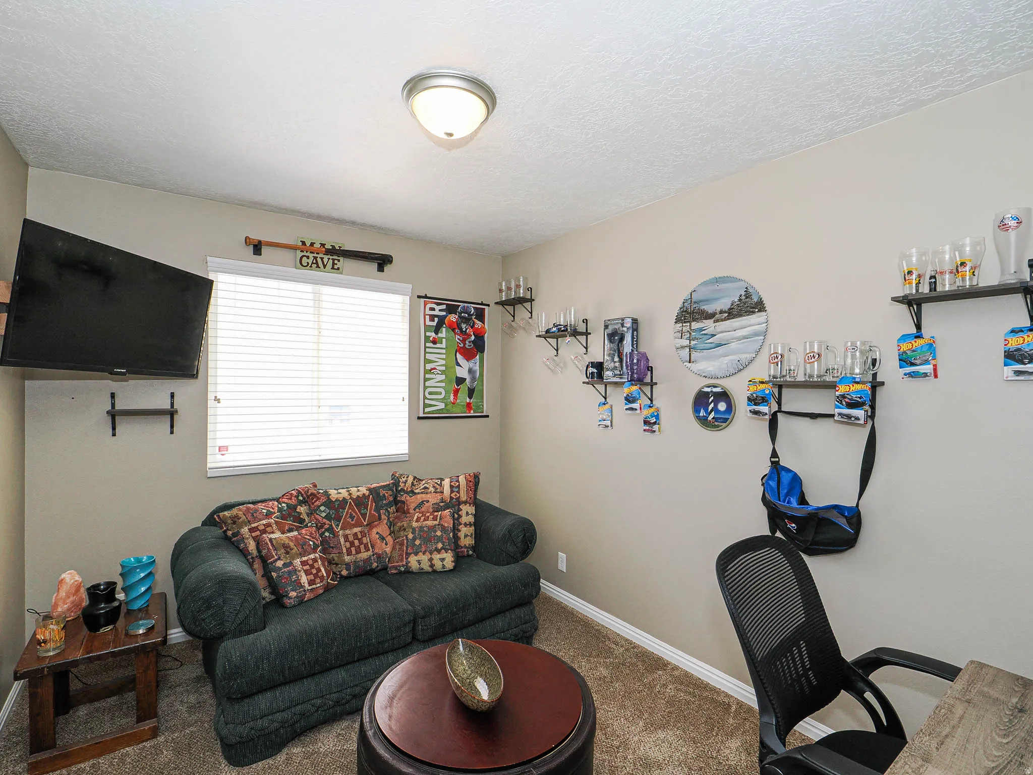 Carpeted room with neutral-toned walls, a window with horizontal blinds, built-in wall shelves, and a ceiling-mounted light fixture