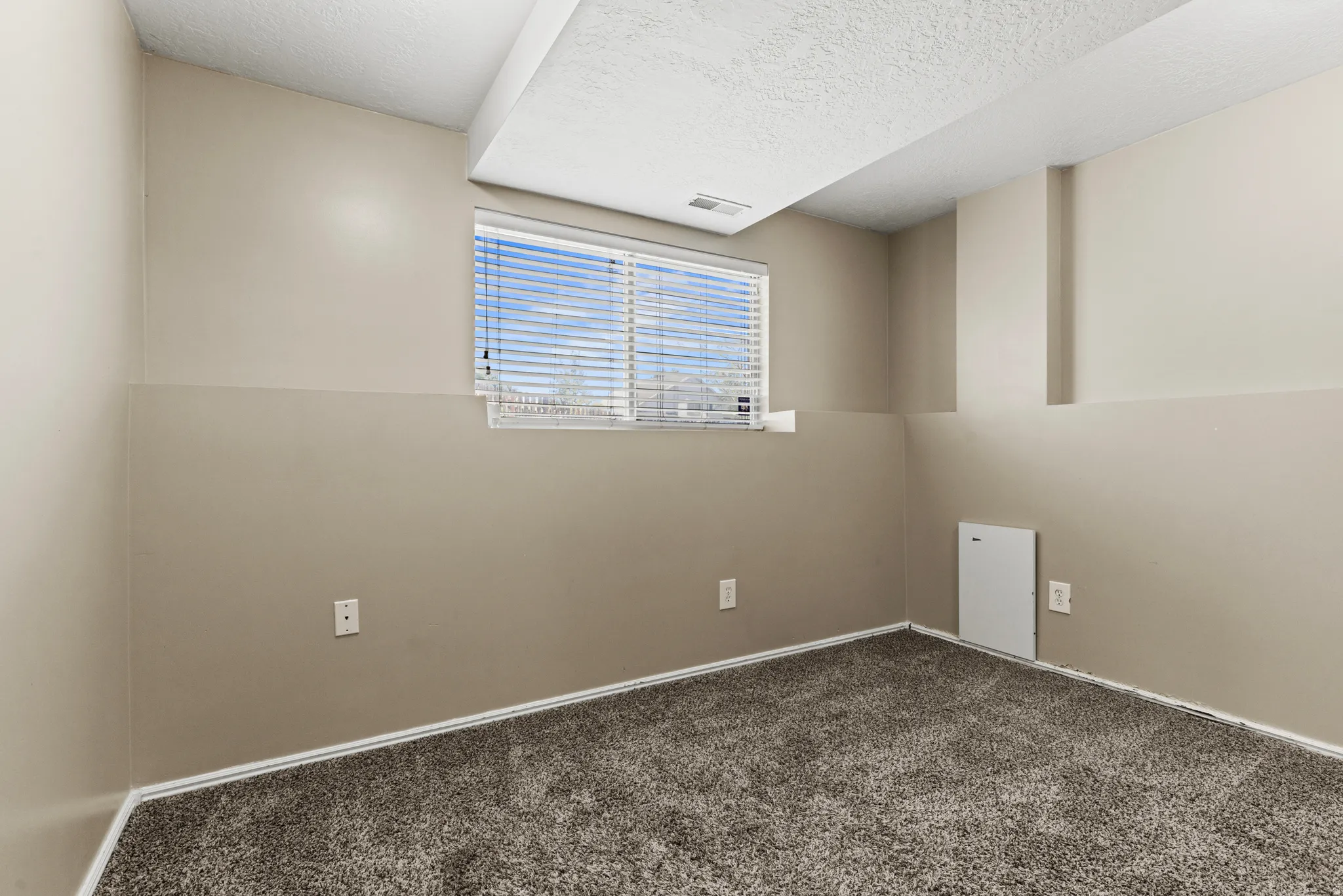 Room featuring a window with blinds, neutral two-tone paint, textured carpet flooring, and white trim
