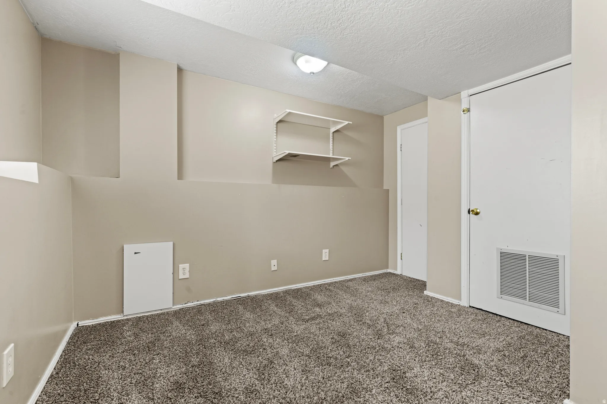 Carpeted room featuring neutral wall tones, built-in wall shelving, a flush-mount ceiling light fixture, and white trim