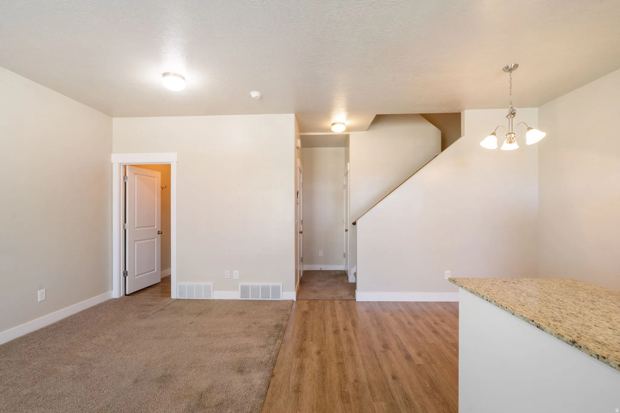 Open-concept living space featuring a carpeted area and wood-finish flooring