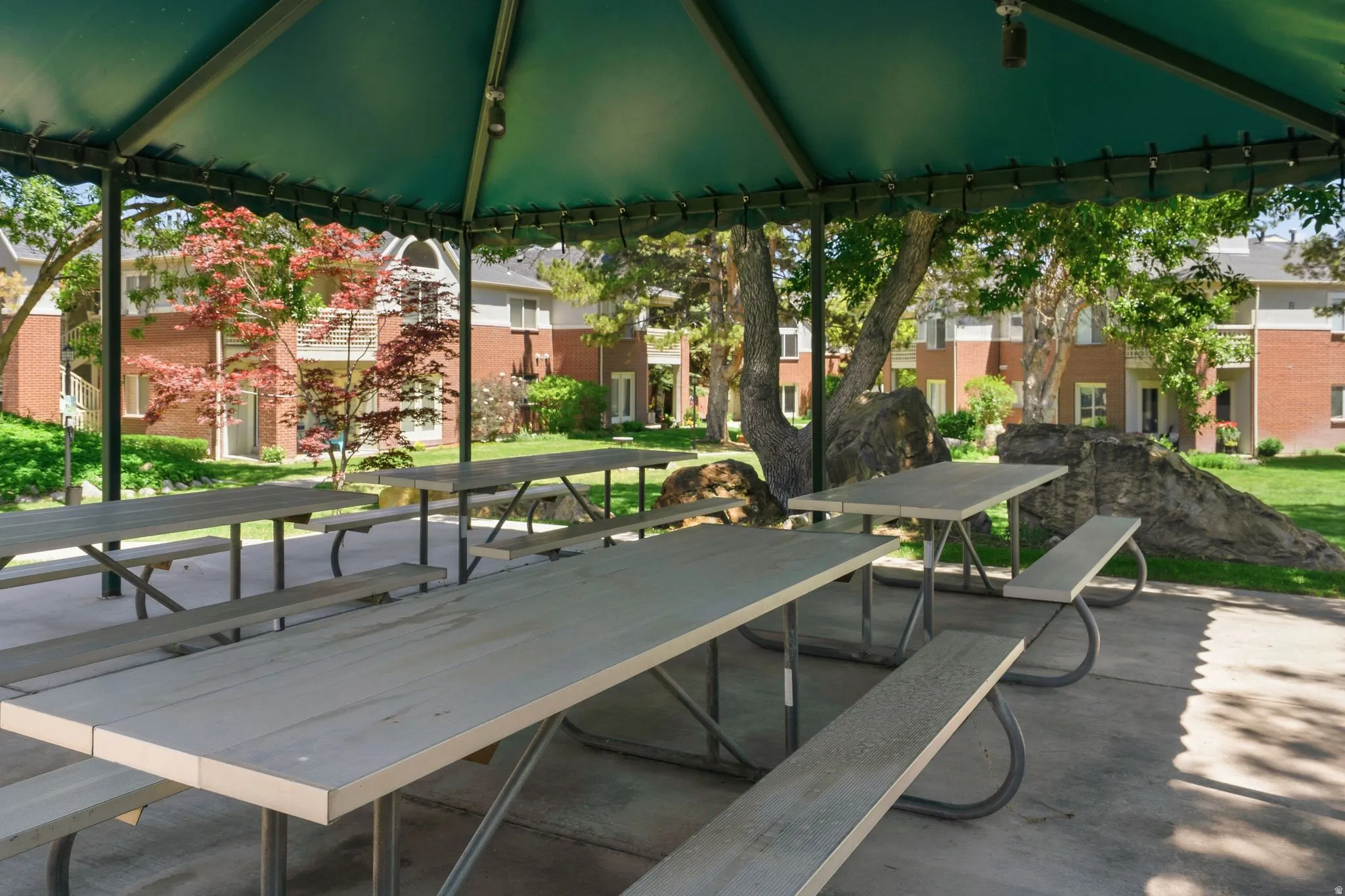 Covered outdoor patio area featuring multiple picnic tables with benches, a concrete pad, and mature trees providing natural shade