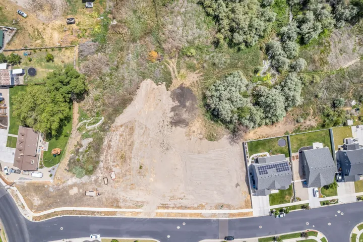 Expansive vacant lot featuring a cleared building area, bordered by natural landscaping and mature trees