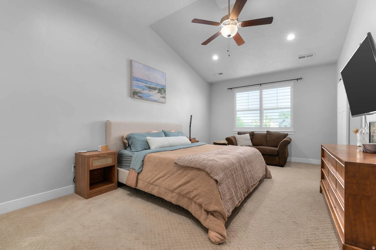 Bedroom featuring a vaulted ceiling with a ceiling fan, recessed lighting, and carpet flooring