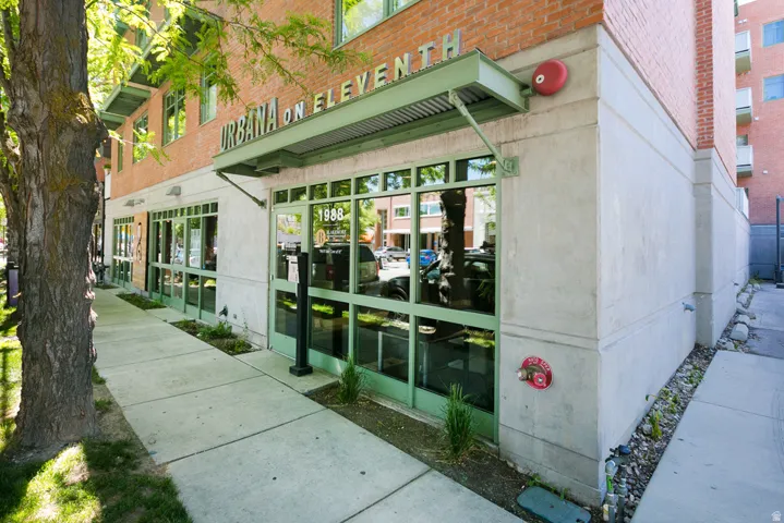 Commercial storefront with brick and concrete facade