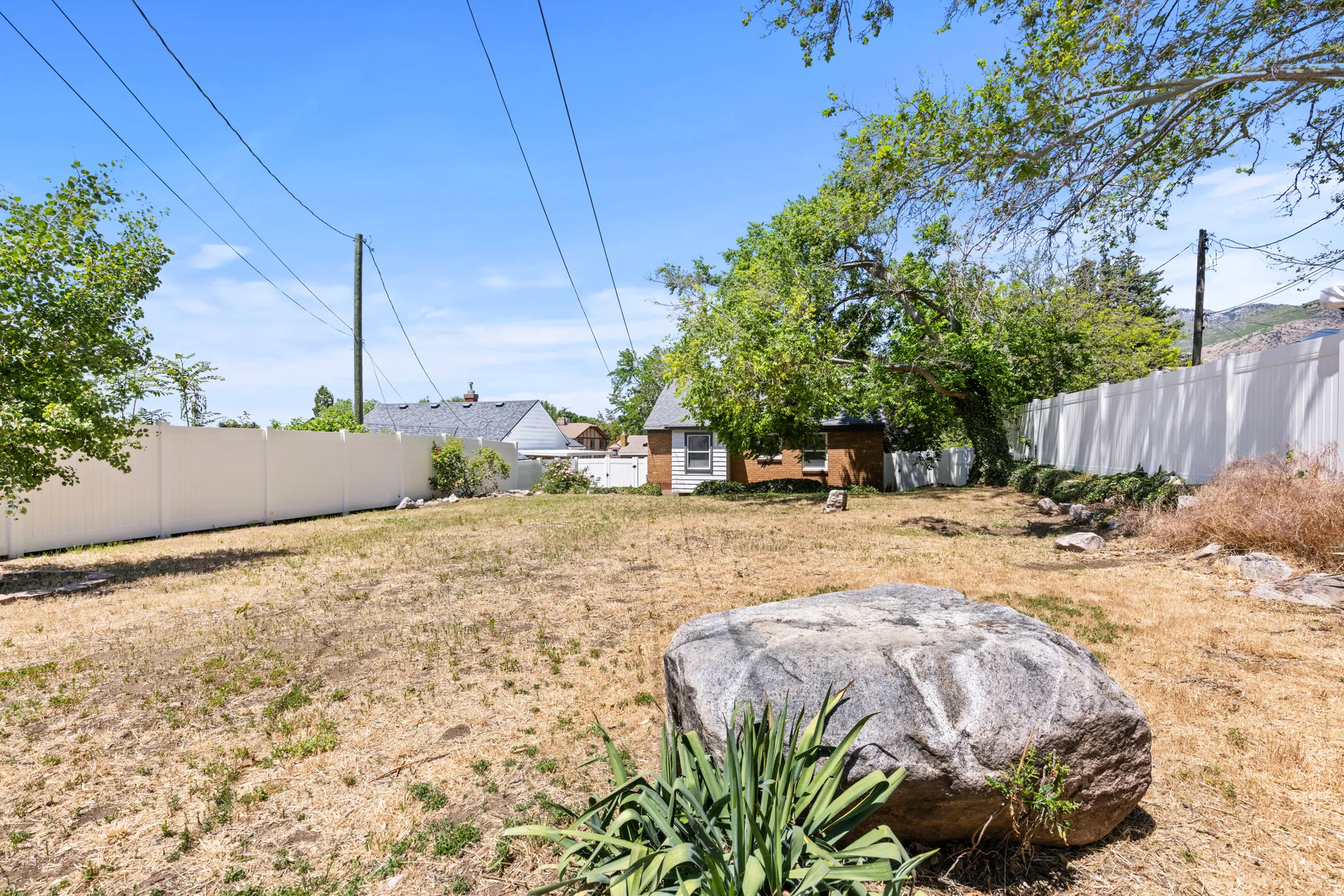 Expansive parcel with mature trees and a privacy fence