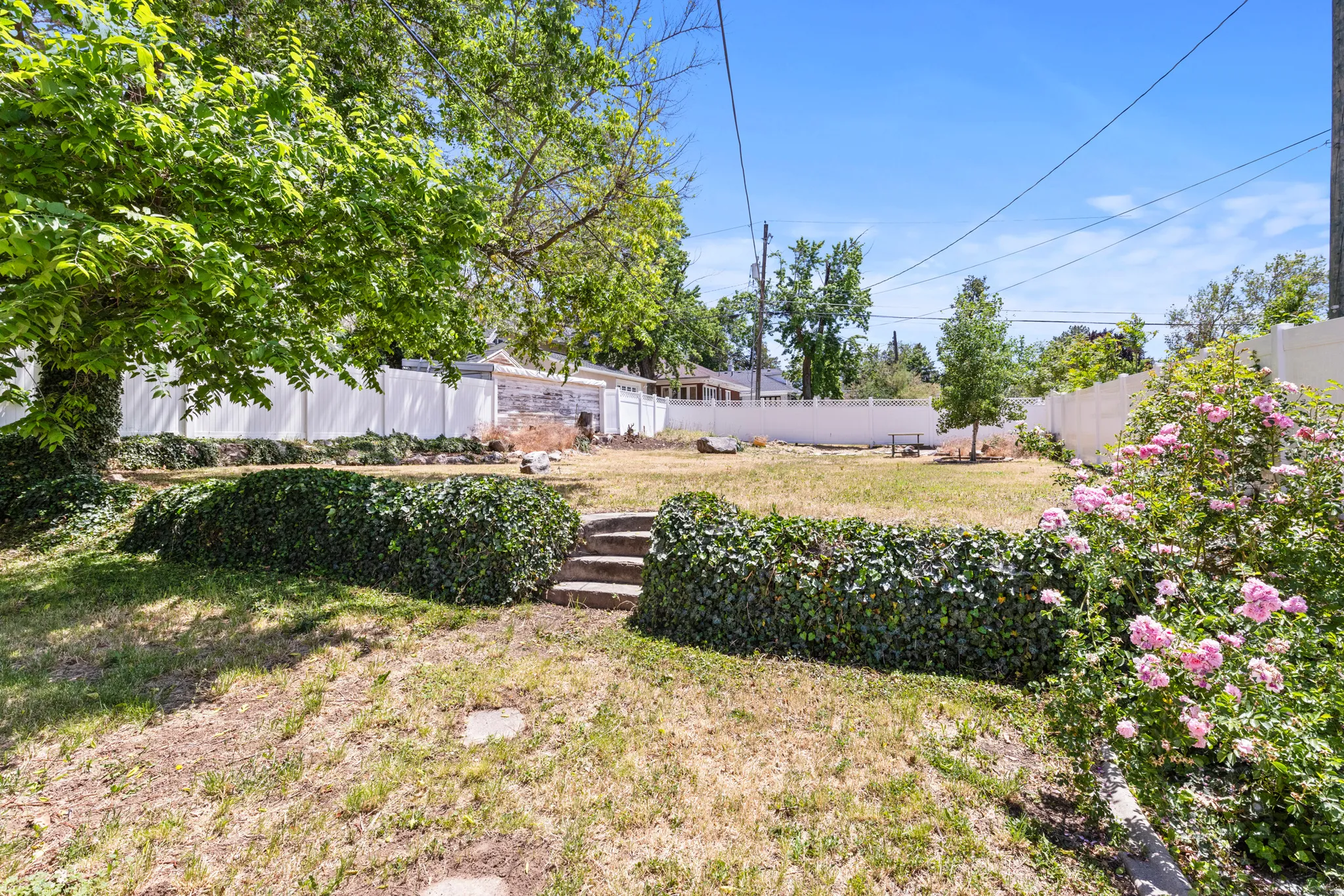 Expansive backyard featuring a tiered design with concrete steps, a perimeter privacy fence, mature trees, and established rose bushes