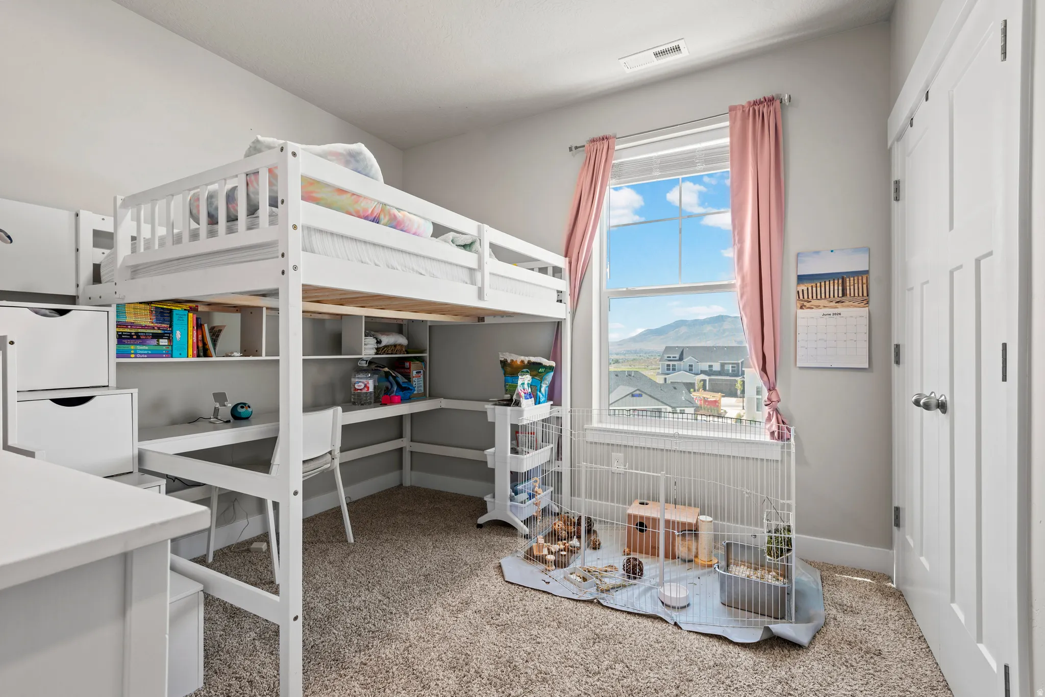 Carpeted room featuring a large window with mountain scenery, a white built-in loft bed with integrated desk, and built-in shelving