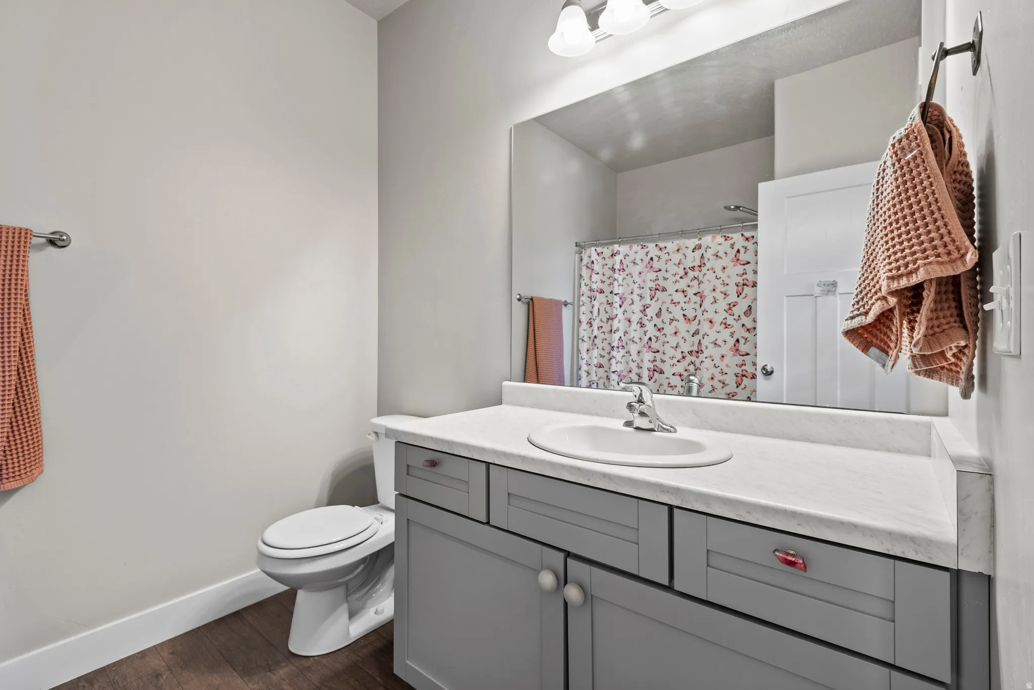 Bathroom featuring a gray vanity with an integrated white sink, a solid surface countertop, and wood-finish flooring