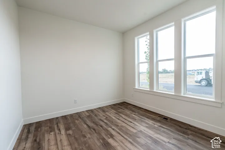 Neutral painted walls, multiple tall windows, white trim, and wood-finish flooring
