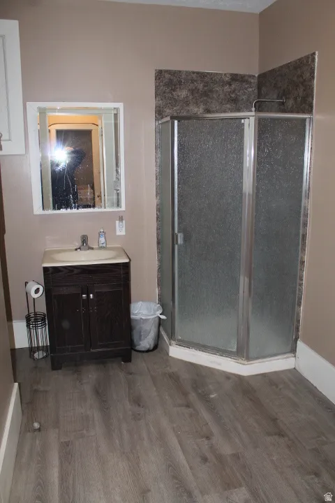 Bathroom featuring a corner glass shower enclosure, wood-finish flooring, and a vanity with an integrated sink