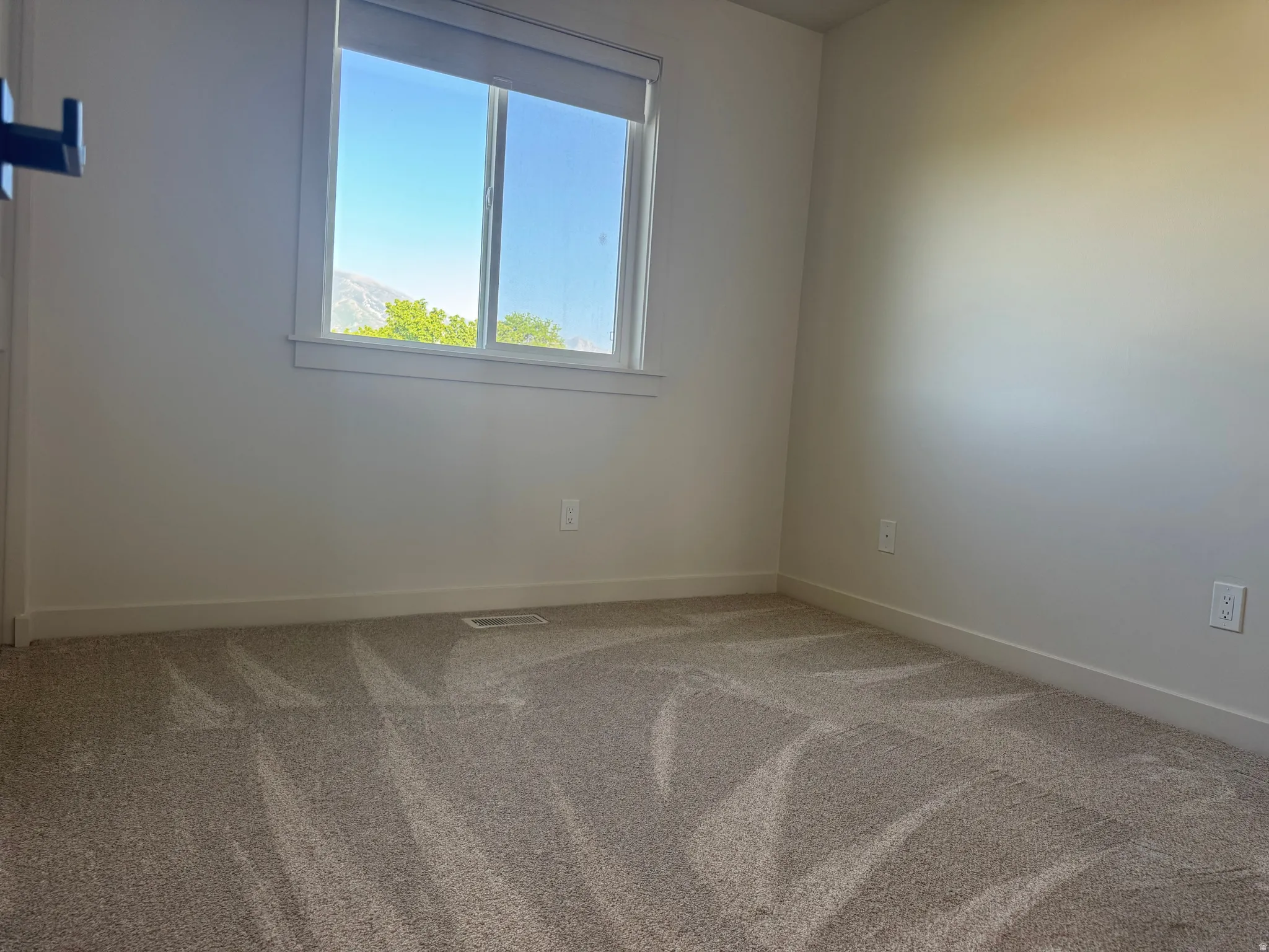Carpeted room featuring a large window with white trim, offering a mountain backdrop