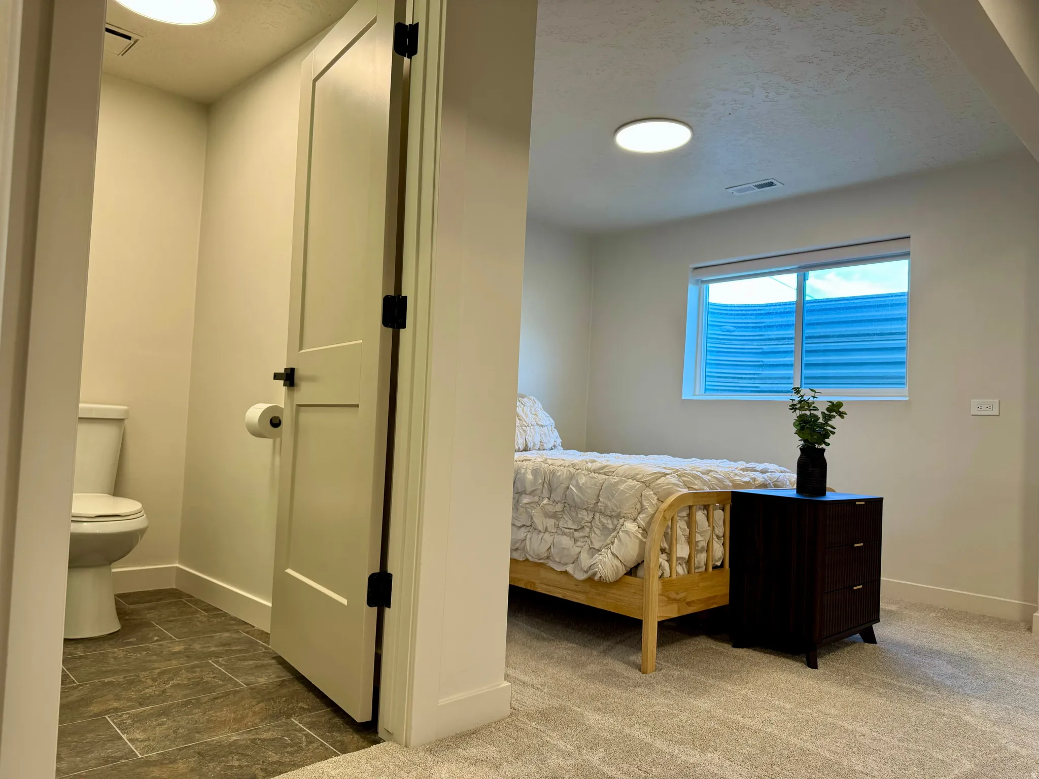 Carpeted room with a horizontal window featuring a light-colored frame