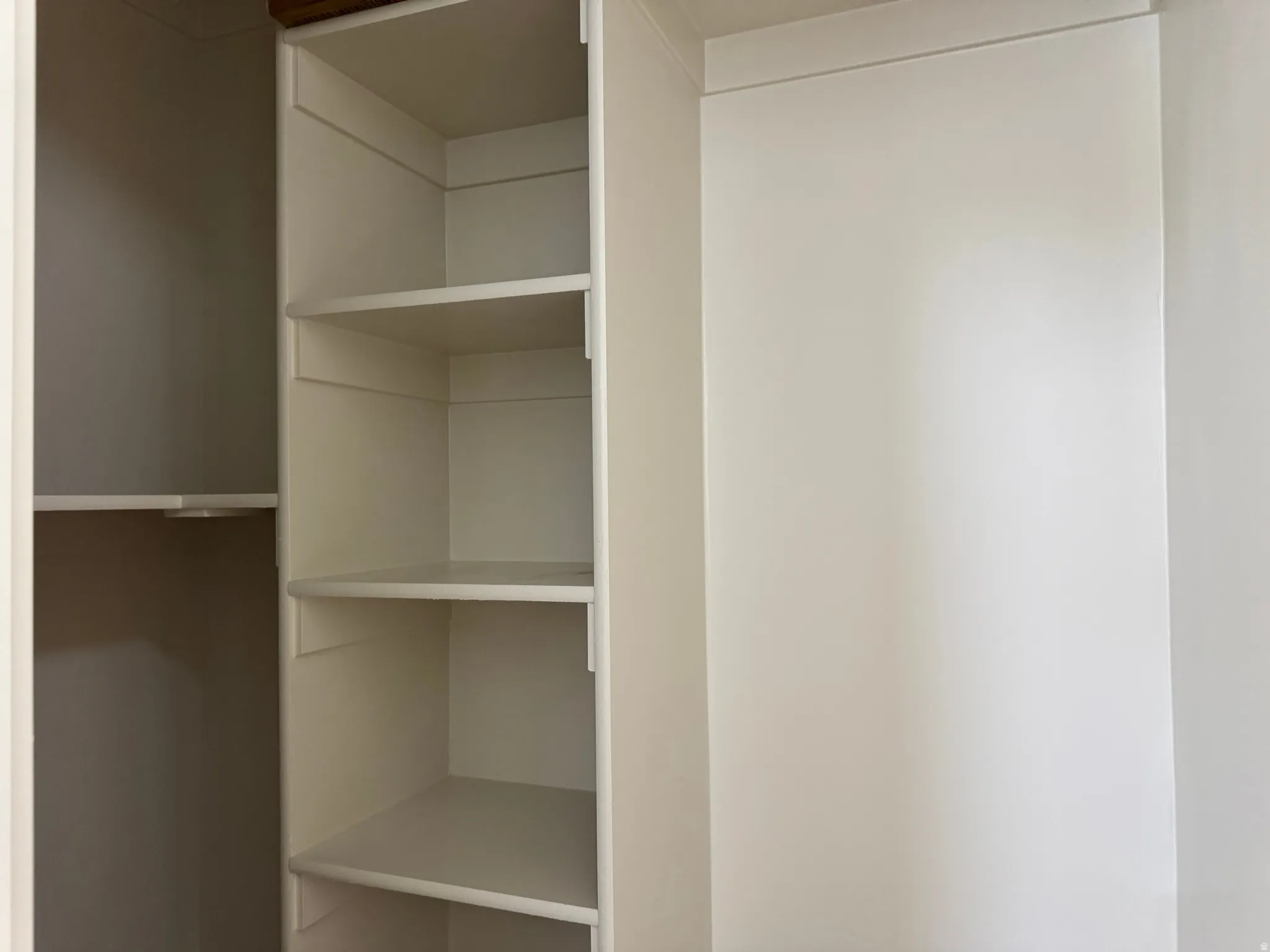 Built-in closet system featuring multiple shelves and a hanging rod