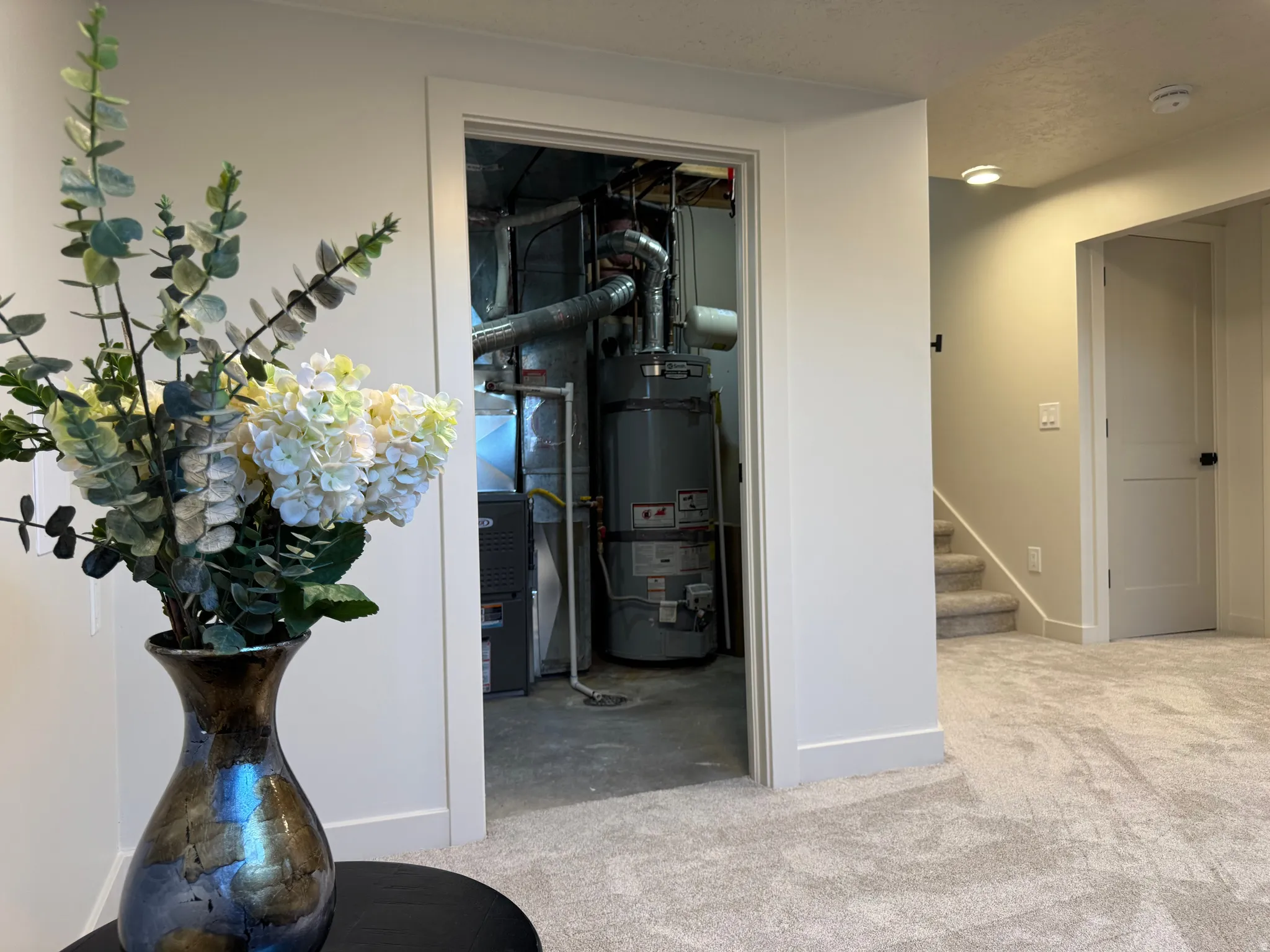 Utility room featuring a water heater and furnace, accessible from a carpeted interior space