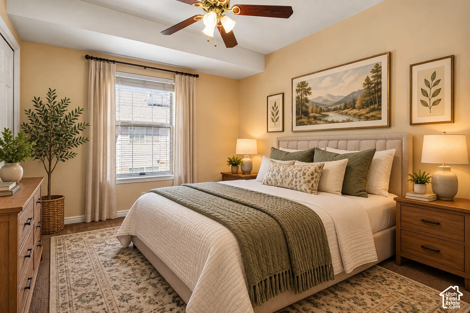 Tray ceiling, ceiling-mounted light fixture with fan, and double-hung window