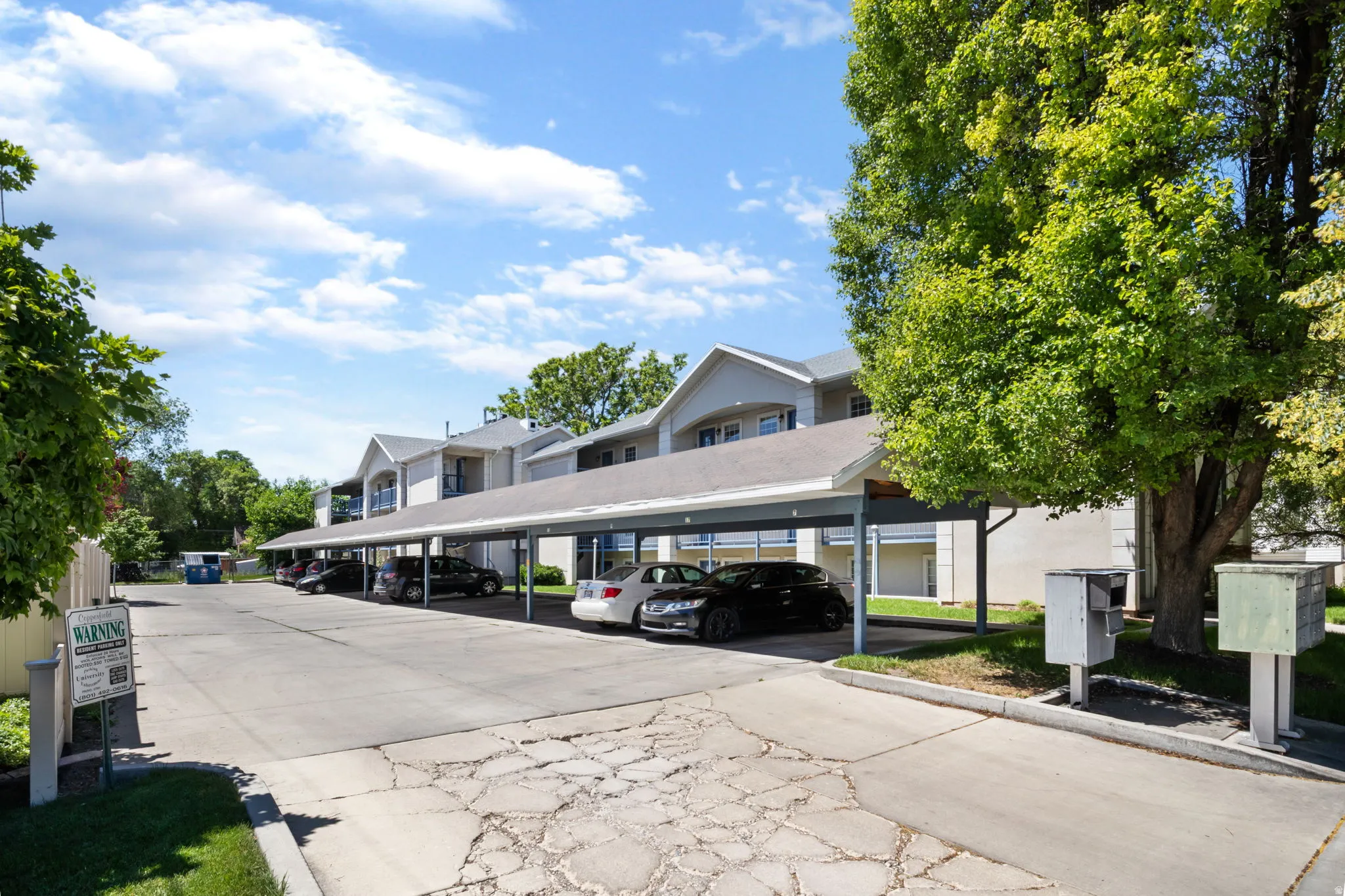 Covered parking area with dedicated spaces, asphalt paving, and established landscaping