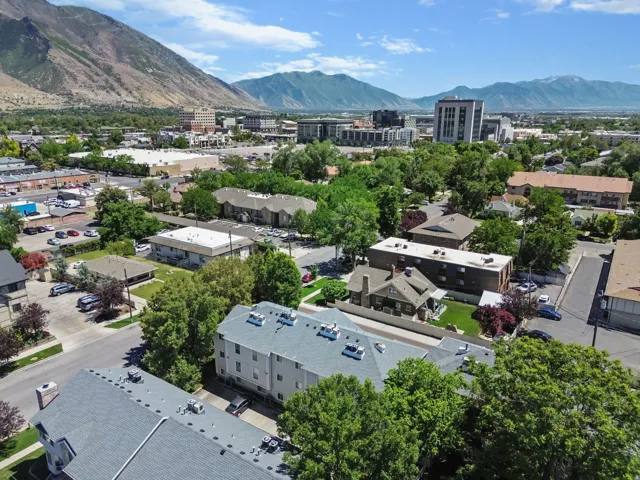 Aerial perspective showcasing a residential area with mature trees and paved streets