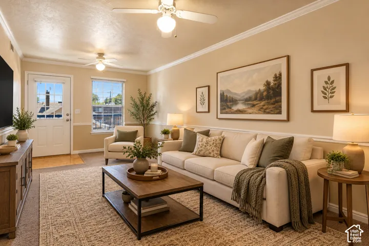 Living room featuring crown molding, chair rail trim, dual ceiling fans, and a glass-paneled exterior door