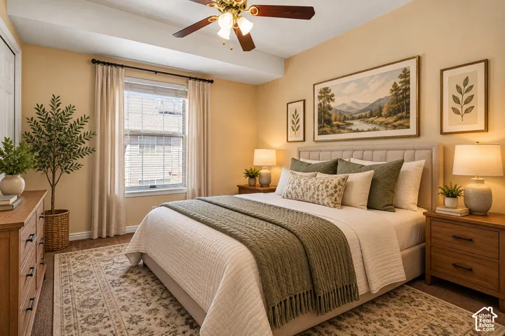 Tray ceiling, ceiling-mounted light fixture with fan, and double-hung window