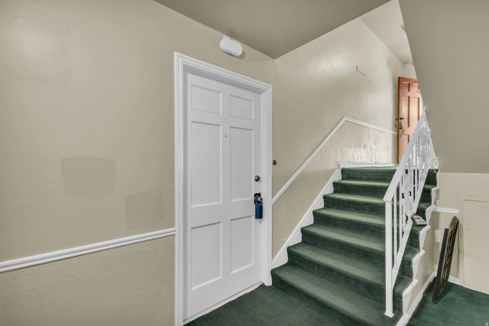 Entryway featuring a six-panel door, white trim, and a staircase with green carpeting and a white railing