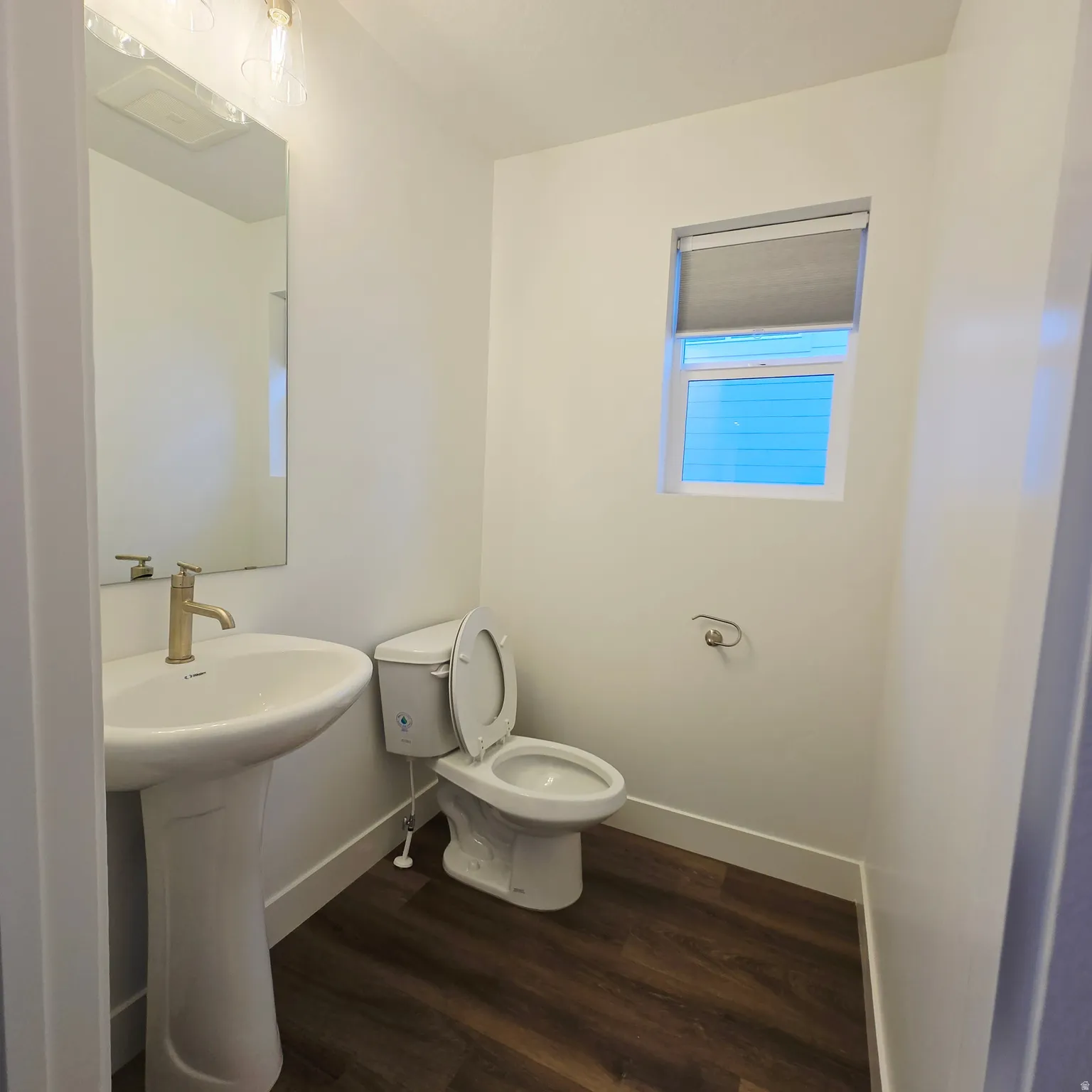 Powder room featuring a pedestal sink with a gold-tone faucet, a rectangular mirror, and a modern light fixture