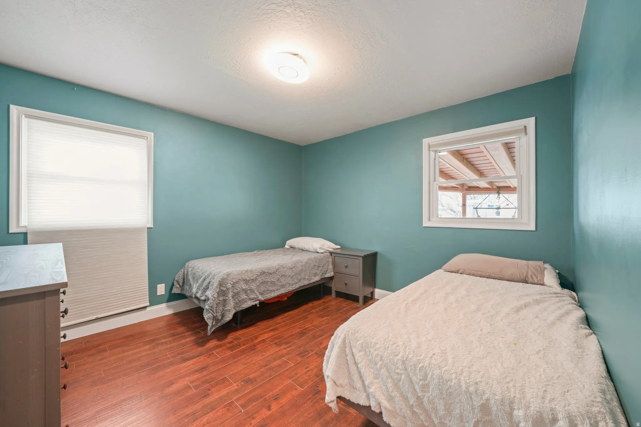 Room featuring wood-finish flooring, two windows with white trim, and a ceiling-mounted light fixture