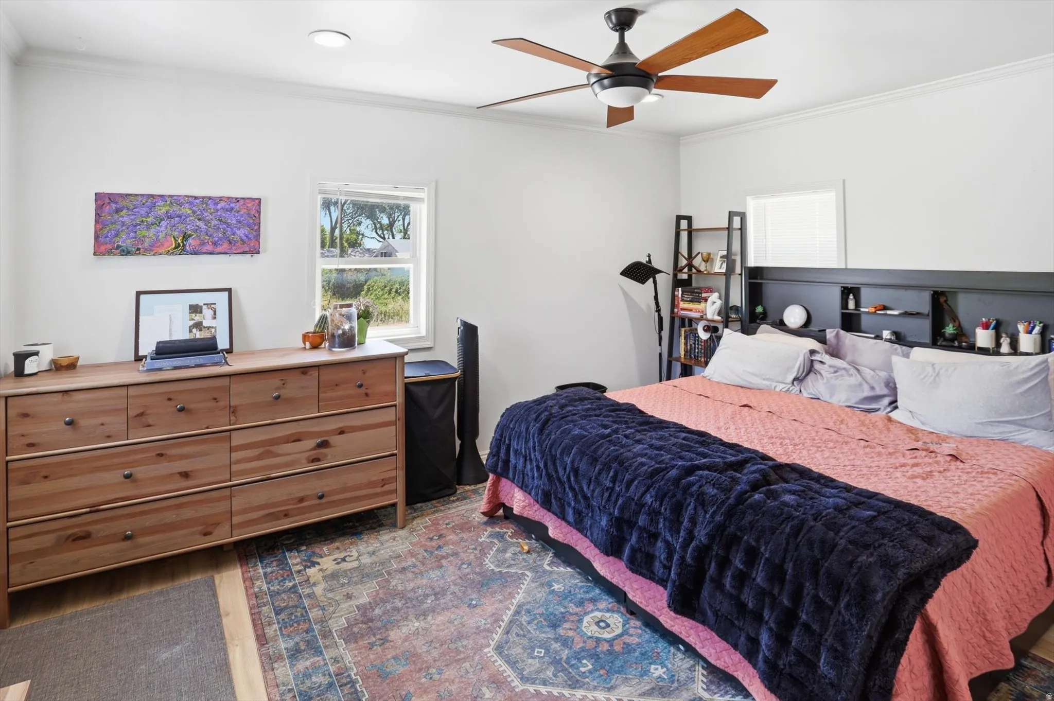 Bright room with white walls, crown molding, a ceiling fan with light, and light wood-finish flooring