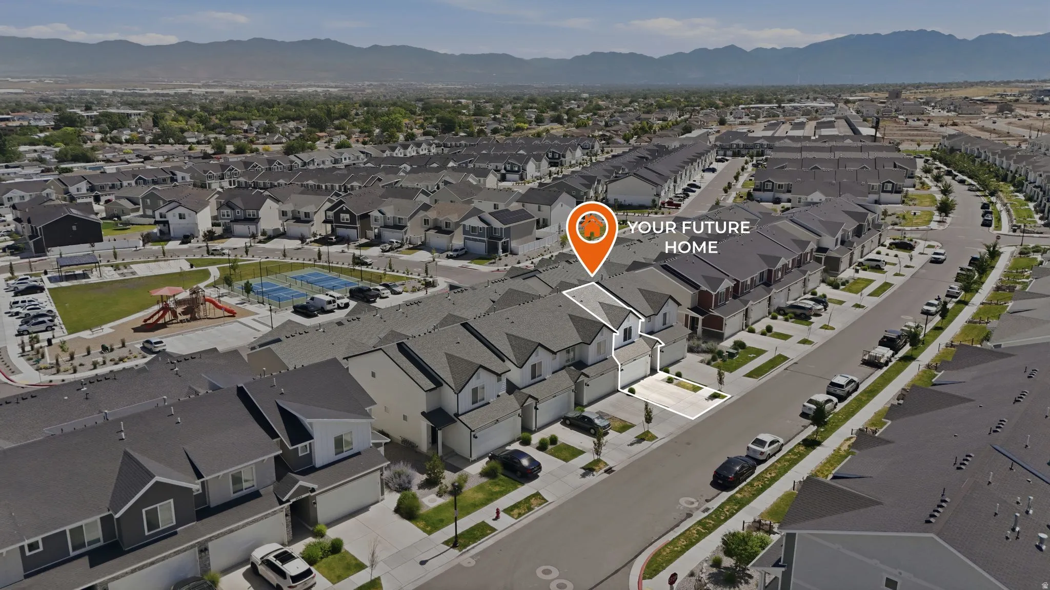 Aerial perspective showcasing a residential community with a highlighted property