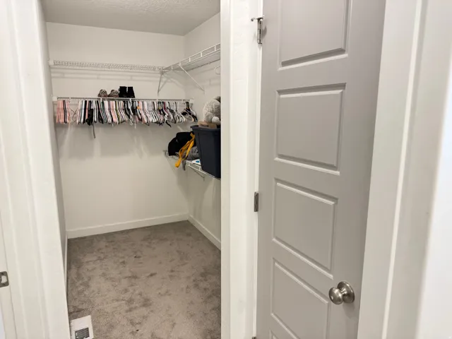 Walk-in closet featuring wire shelving, hanging rods, light gray wall paint, white baseboards, and gray carpet flooring