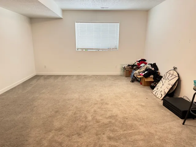 Spacious room featuring neutral carpeting and light-toned walls, illuminated by a window with horizontal blinds