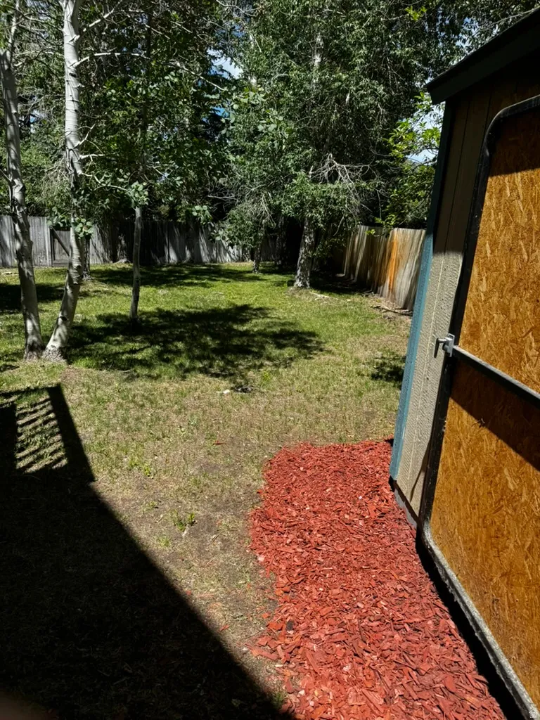 Expansive backyard featuring mature trees, a manicured lawn, and a wooden privacy fence