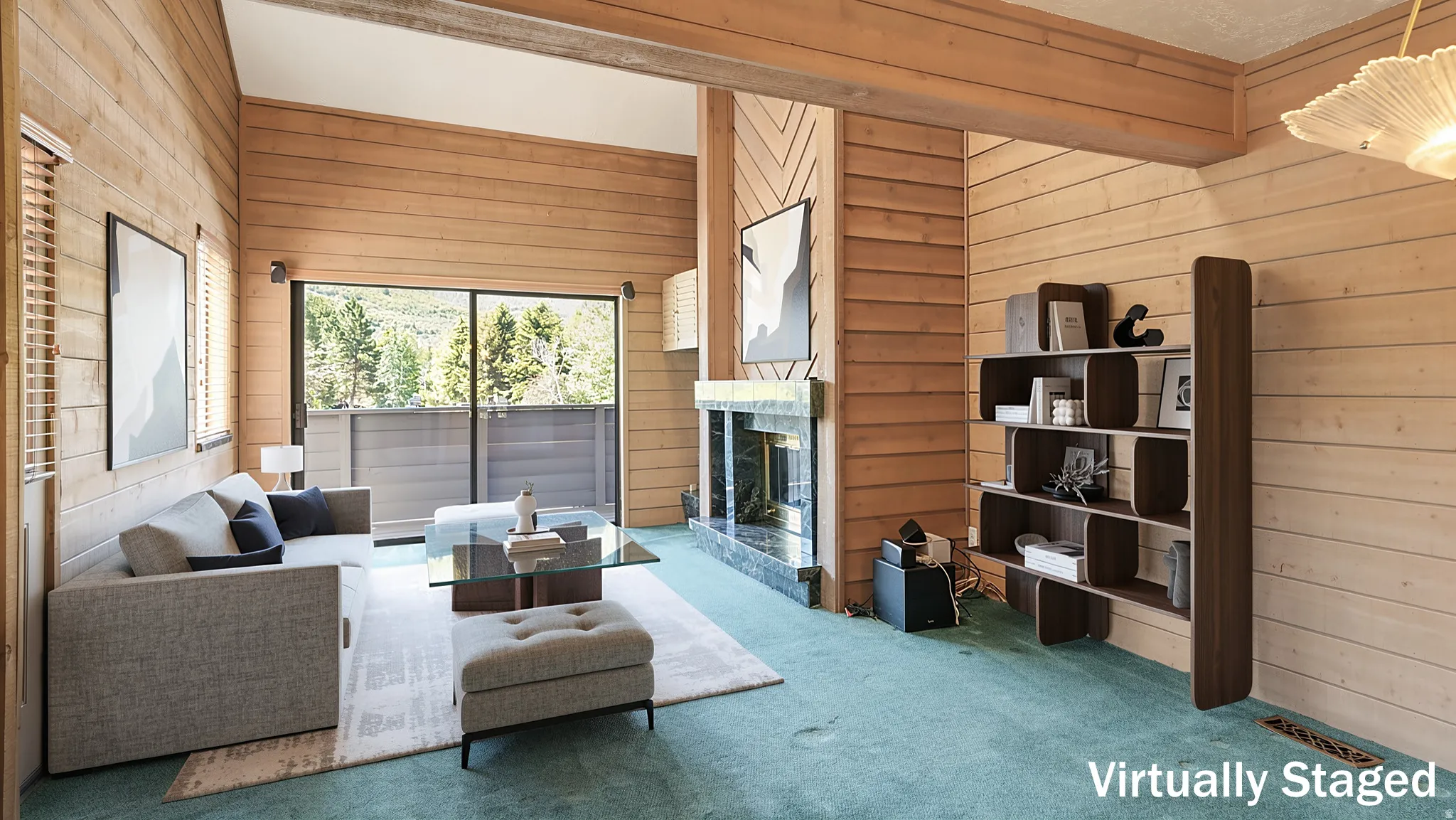 Wood-paneled living area featuring a fireplace with a stone surround, a large glass sliding door, and vaulted ceilings with exposed wood beams