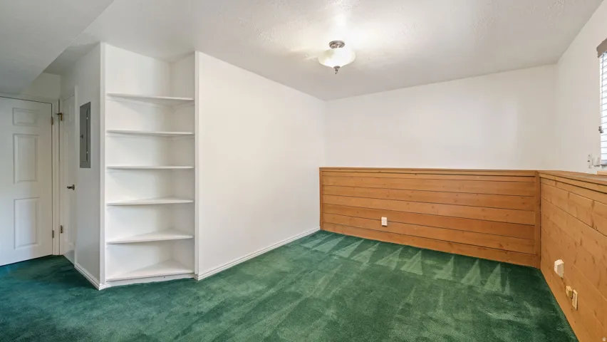 Room featuring built-in shelving, wood paneling, and green carpeting